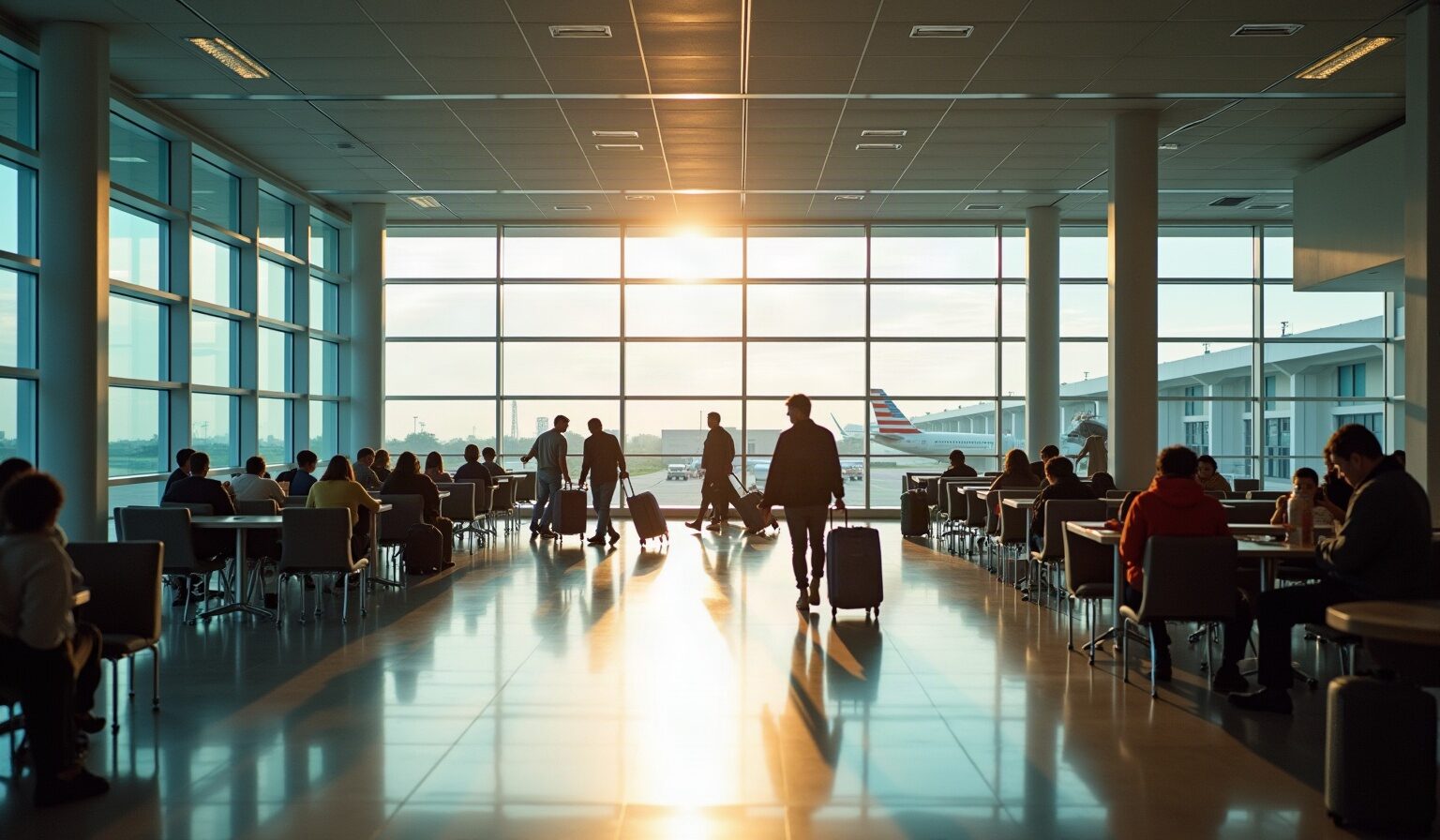 Voyageurs avec leurs valises dans le hall d'arrivée d'un aéroport antillais