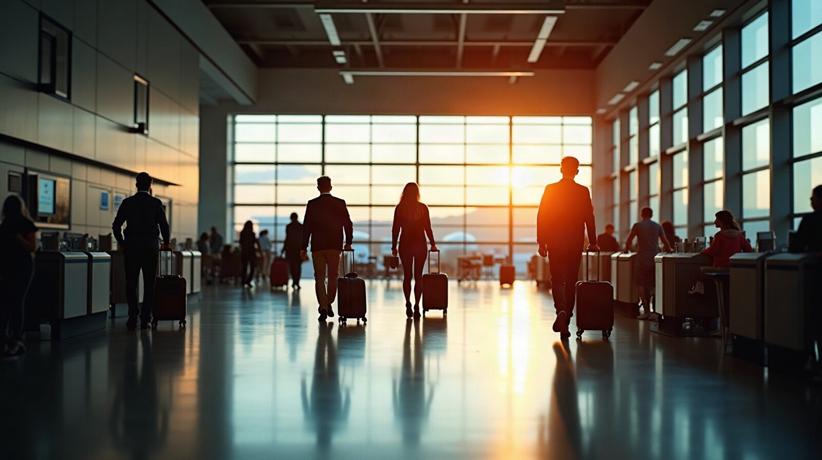Des passagers avec leurs valises font la queue devant les comptoirs d'enregistrement d'un aéroport antillais, le matin.