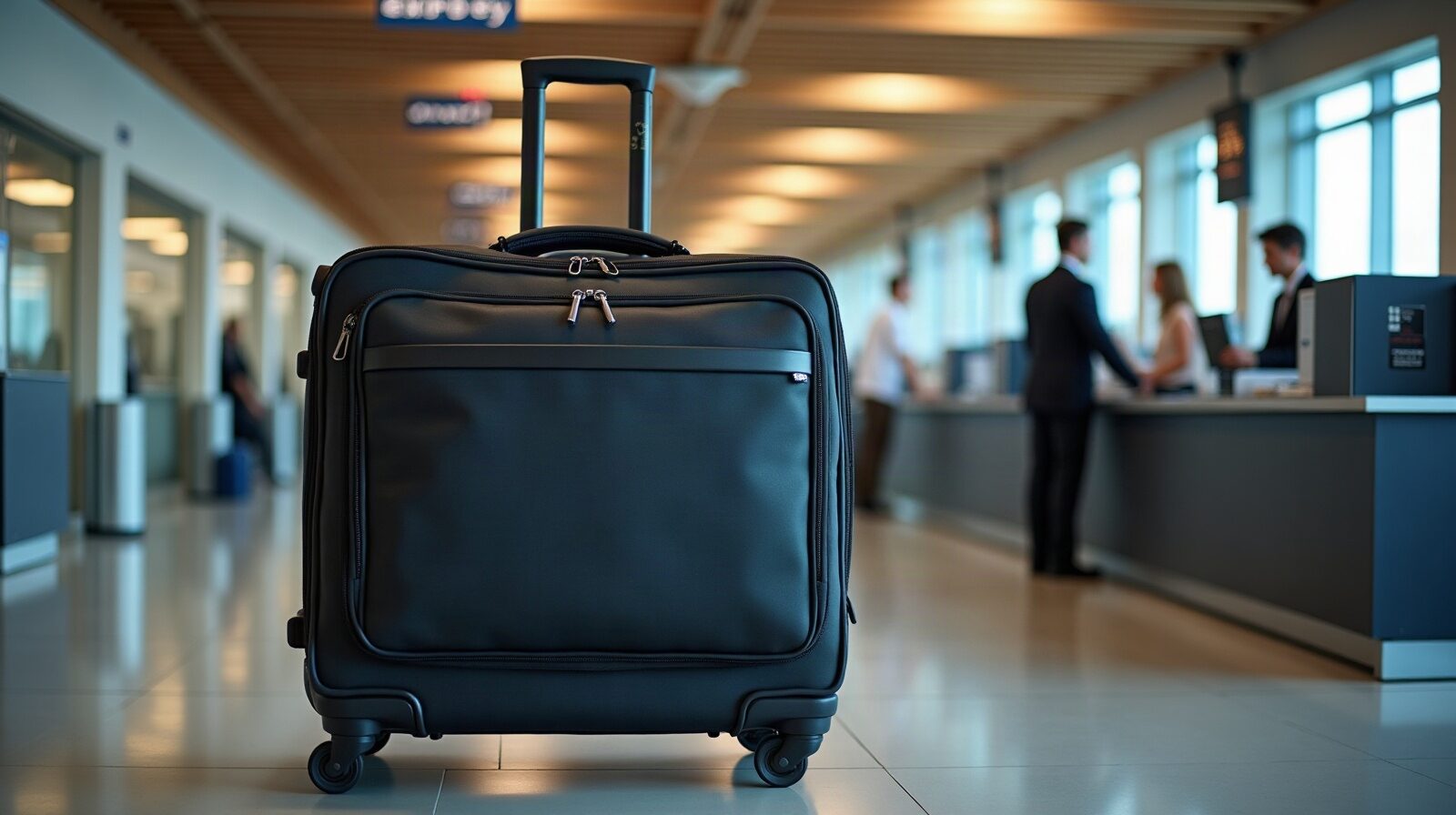 Une valise de cabine est posée sur le pèse-bagages d'un comptoir d'enregistrement.