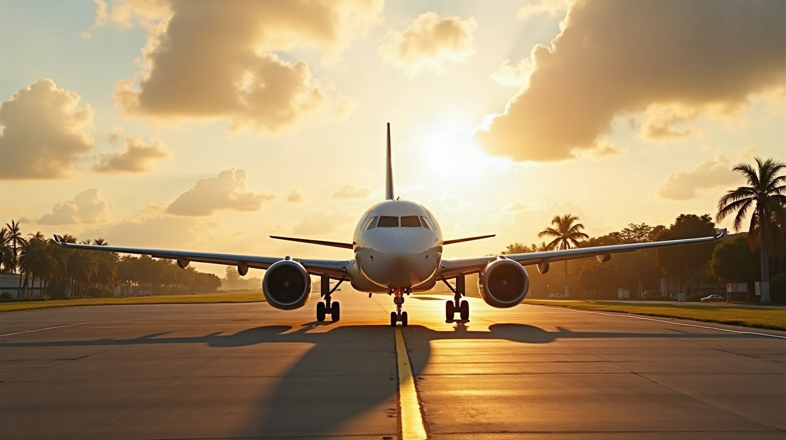 Un avion de ligne stationné sur le tarmac d'un aéroport tropical, avec des collines verdoyantes à l'arrière-plan.